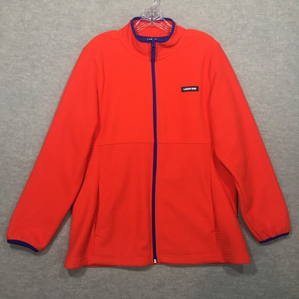 Lands End Womens XL Grid Fleece Full Zip Up Jacket Orange Blue Colorful EUC - Picture 1 of 12